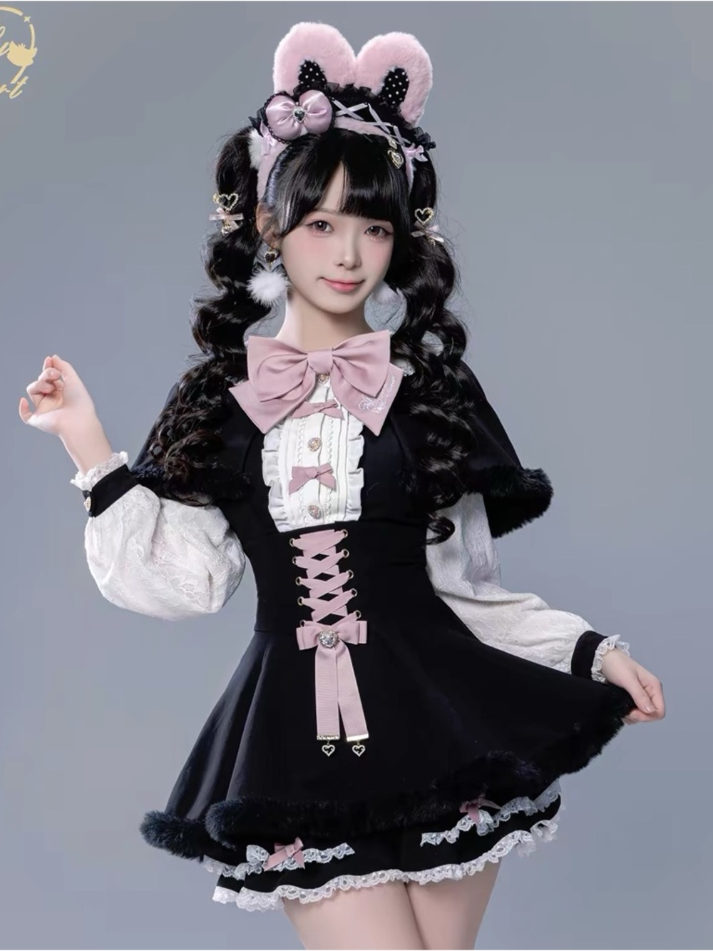 Fluffy Heart Black & Pink Bunny Ear Lolita Dress with Bloomers & Cape